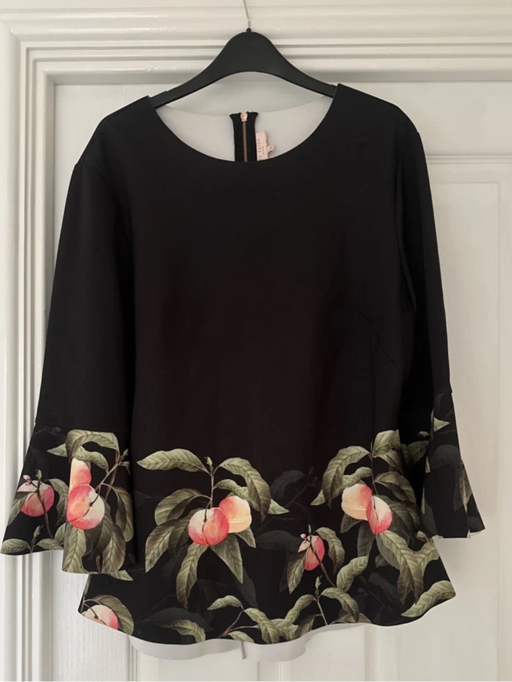 Ted Baker Black Blouse with Peach & Green Floral Border Sz 5 (US 12)